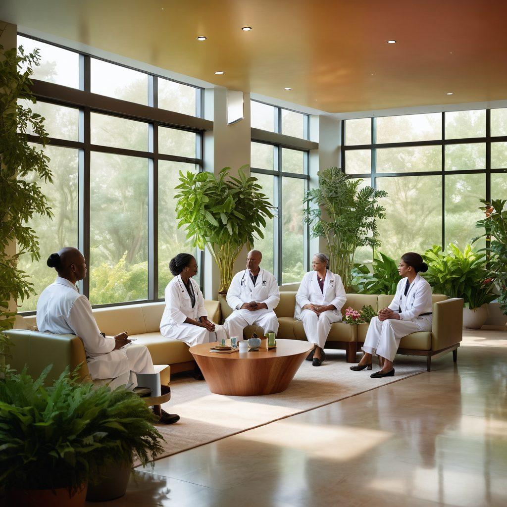 A vibrant scene showcasing a diverse group of medical professionals discussing ground-breaking oncology treatments in a serene wellness center. Include elements of holistic healing such as plants, natural light, and calming colors. The professionals should be engaged and enthusiastic, symbolizing hope and empowerment. super-realistic. vibrant colors. 3D.