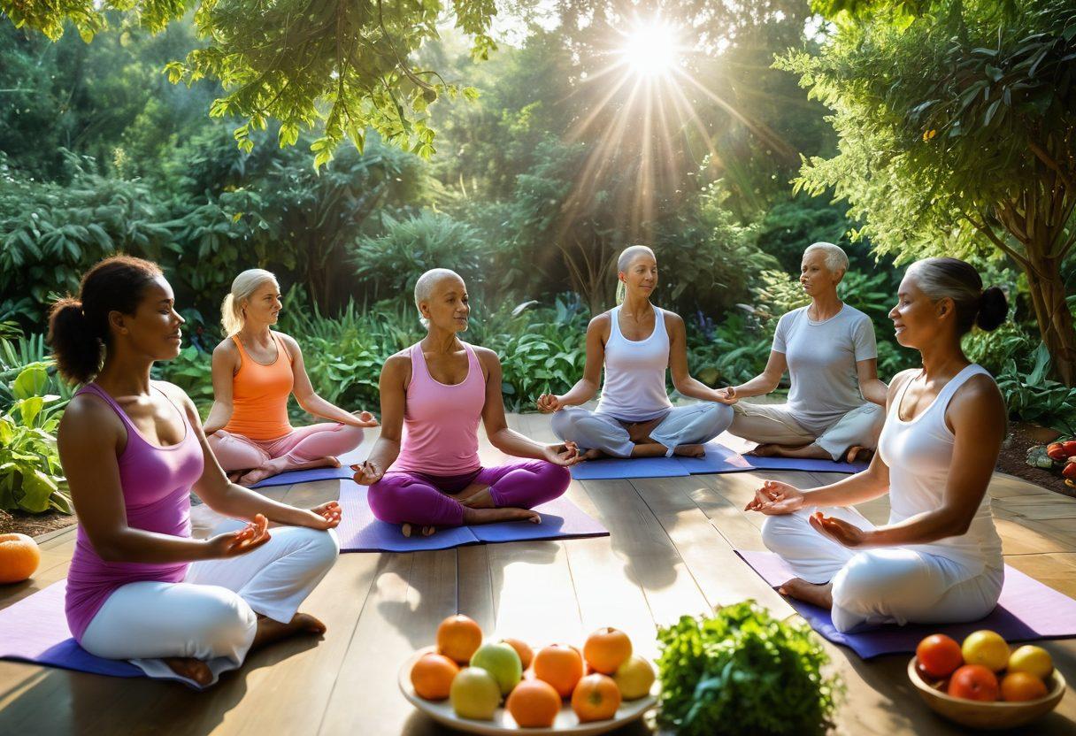A serene and harmonious scene depicting a diverse group of cancer patients engaging in various wellness activities: yoga, meditation, and nutritious cooking, surrounded by lush greenery and colorful fruits and vegetables. A sunlight-drenched atmosphere enhances the feeling of hope and vitality, with an artistic touch that symbolizes integration of lifestyle changes and nutrition in healing. soft-focus, vibrant colors, nature-inspired.